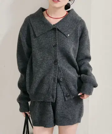 mystic 카라 부착 플레이트 니트 가디건 그레이