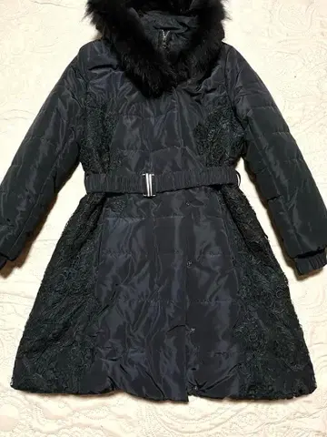 블랙 패딩 자켓 퍼 후드 자수 L 사이즈 레이스