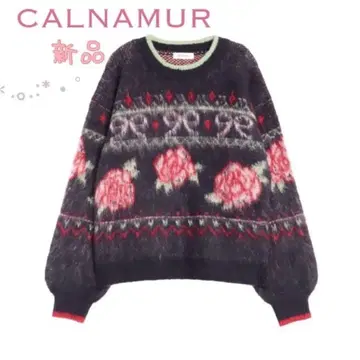 새상품*CALNAMUR 로즈 & 리본 자카드 니트 FREE 네이비