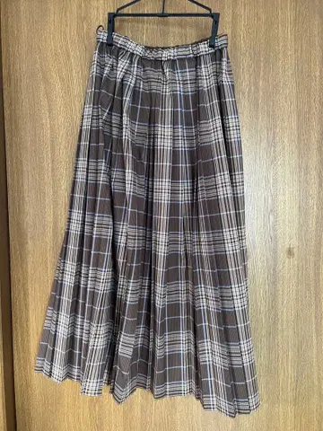 브라운 체크 플리츠 롱 스커트