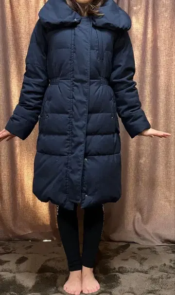 플라스틱 PLST 네이비 후드 부착 롱 다운 자켓