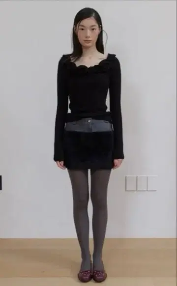 ASURA 가죽 퍼 믹스 스커트(BLACK)