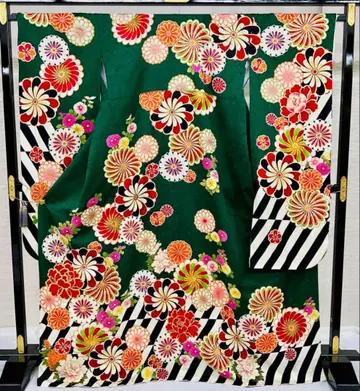 후리소데 그린 계열 꼬임 매화 모란 벚꽃 스트라이프 순수 실크