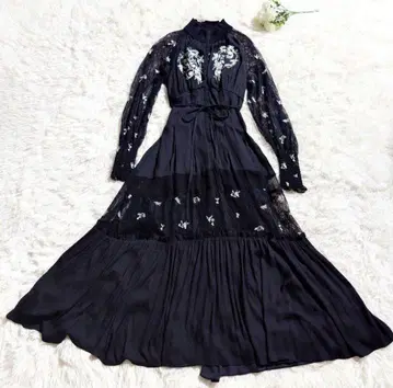 스나이델 자수 롱 원피스 블랙 레이스 꽃무늬 자수