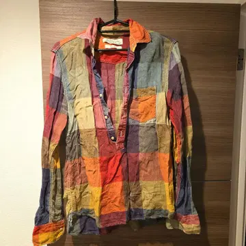 [ 레어 ] 멀티 컬러 체크 무늬 코튼 셔츠 구제 의류 구멍 있음