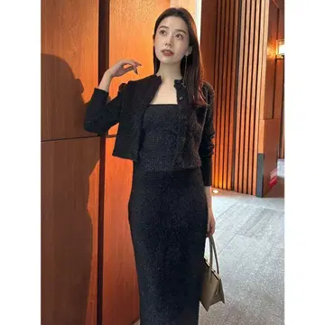 anuans 라메 니트 앙상블 스커트 세트