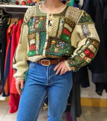 니트 가디건 자수 3D 입체 빈티지 레트로 구제 의류