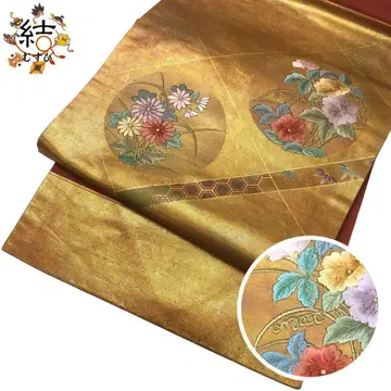 MO-3329 나고야 오비 자수 마름모꼴 꽃 무늬 골드 컬러 금실