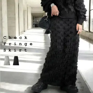 안티카 새상품급 체크 프린지 니트 스커트 블랙