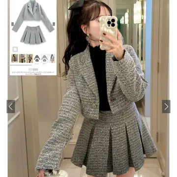 그레일 라메 트위드 자켓 x 플리츠 미니 스커트 셋업