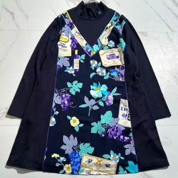 새상품급 LEONARD 스포츠 울 A라인 튜닉 와인 꽃무늬 트림 40