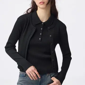 GU 2피스 리브 니트 피케 셔츠 L 블랙