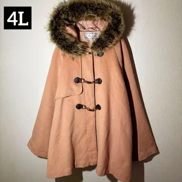 [새상품급] 핑크 플리스 더플 코트 퍼 달린 판초 스타일 레어 4L