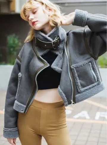 juemi 그레이 숏 무스탕 자켓