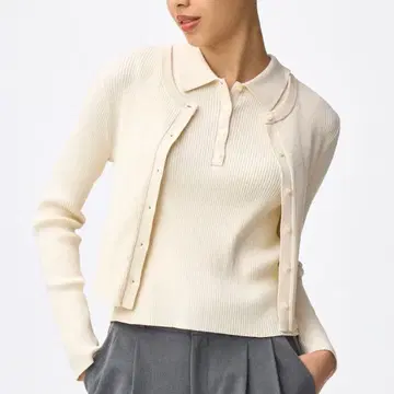 GU 2피스 리브 니트 피케 셔츠 L 내추럴