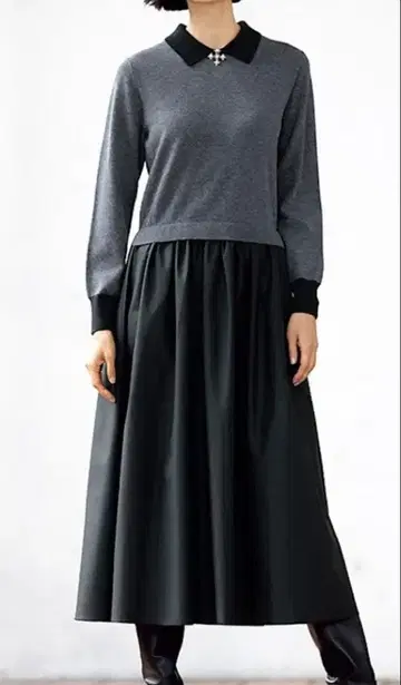 DAMA 니트 새틴지 도킹 원피스