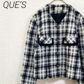 QUE'S 노카라 자켓 V넥 체크 무늬 울 혼방 안감 부착