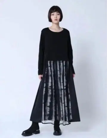 LASUD (라슈드) 패턴 레이어드 시어 원피스 (블랙)