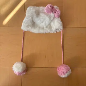 USJ 퍼 모자 헬로키티 화이트 핑크 폼폼 포함