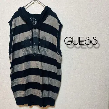 GUESS [ L ] 게스 블랙 보더 후드 부착 슬리브리스 베스트