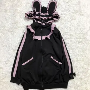 DearMyLove 사다리 레이스 프릴 토끼 귀 저지 블랙 x 핑크