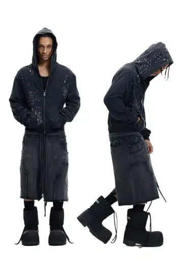 G.E.E.K RHINESTONE DAMAGED ZIPPED HOODIE