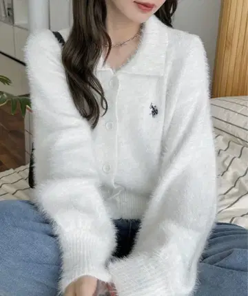 [ U.S. POLO ASSN ] 카라 부착 샤기 볼륨 슬리브 니트