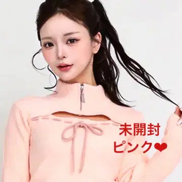 지퍼 달린 리본 디자인 긴팔 니트 스웨터 다리치 니트