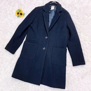 테치치 [ L ] 울 혼방 체스터 코트 텍스처 마감 심플 네이비