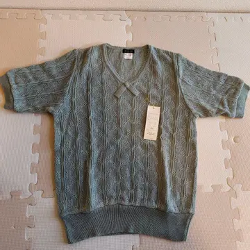 민트 그린 케이블 니트 반팔 스웨터 M