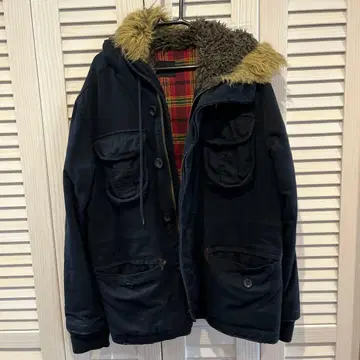 블랙 데미지 가공 퍼 포함 모즈 코트