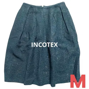 인코텍스 무릎 기장 플리츠 트위드 스커트 그린 일본제 두꺼운 원단