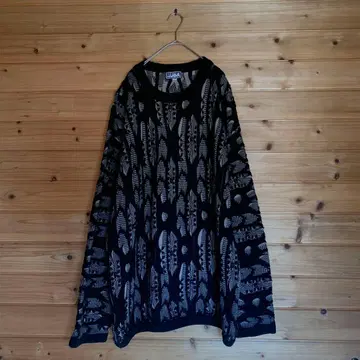 RUBA 오버사이즈 니트 블랙/화이트 깃털 무늬 구제 의류