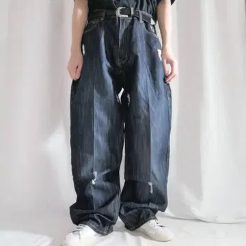 초레어 36인치 팻팜 배기 데님 자수 로고 다크 네이비 Y2K B계