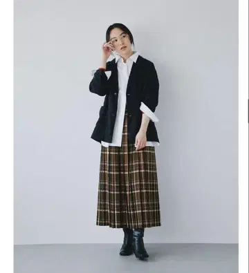 sosotto 체크 무늬 플리츠 스커트 카키