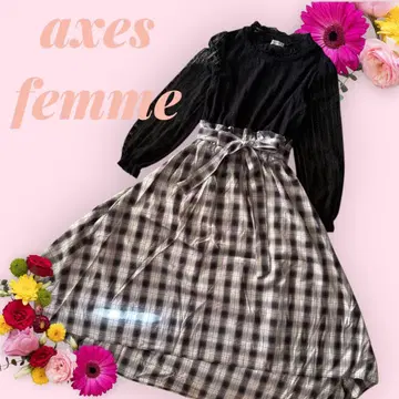 새상품급 axes femme 체크 무늬 레이스 긴팔 롱 플레어 원피스