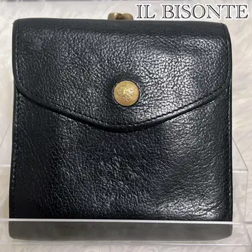 일비종떼 접이식 지갑 블랙 가죽 가마구치 골드 버튼 로고 엠보