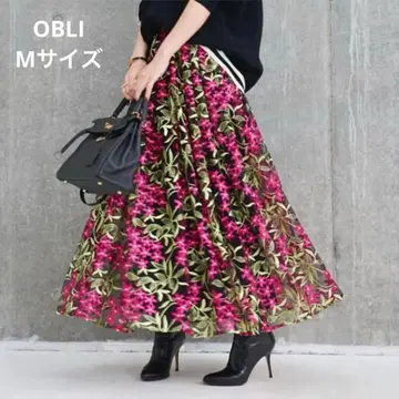 OBLI 오블리 꽃무늬 레이스 샤샤 스커트 롱 스커트 레드