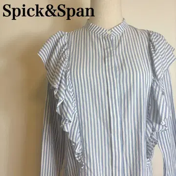 스픽 앤 스팬 스트라이프 프릴 셔츠 노카라 긴팔 스카이블루