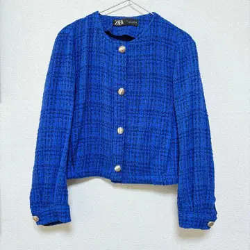 ZARA 노카라 트위드 자켓 파랑