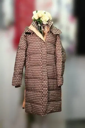 새상품 추가 OFF 기하학 패턴 롱 코트 후드 부착