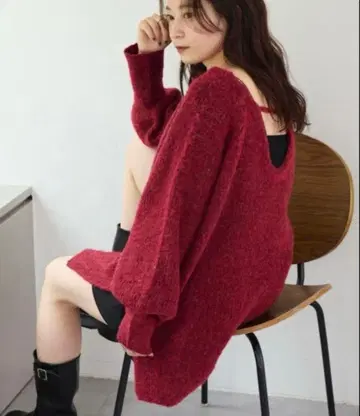 Kastane 멜란지 V넥 니트 풀오버 니트 빨간색