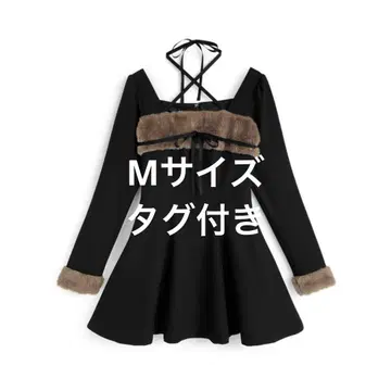 GRL M 홀터넥 퍼 리본 미니 플레어 원피스