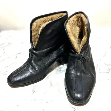 여성용 가죽 부티 부츠 블랙 힐 4cm 보아 퍼 리본 일본제