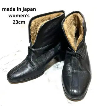 여성용 가죽 부티 부츠 블랙 힐 4cm 보아 퍼 리본 일본제