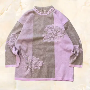 poushal 꽃무늬 자카드 니트 40 보라색 x 그레이 90s