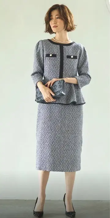 RURUE BOUTIQUE 페플럼 7부 소매 트위드 원피스