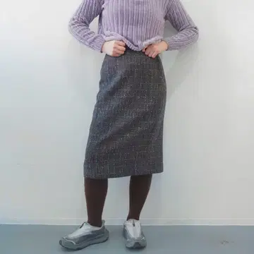 트위드 타이트 울 스커트 무릎 기장 플리츠