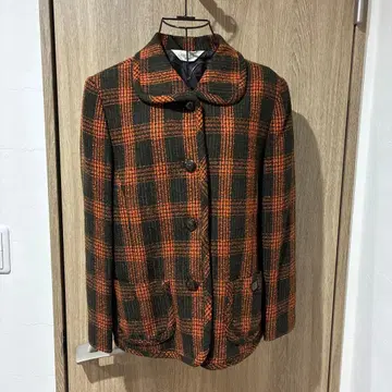 오렌지 블랙 체크 무늬 테일러드 자켓
