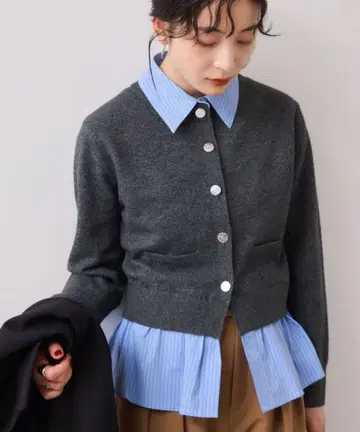 VIS 셔츠 레이어드 스타일 메탈 버튼 가디건 차콜